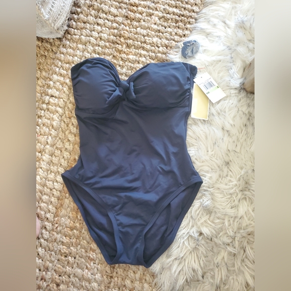 $220 Michael Kors Womens Tie Front Blue Bandeau One-Piece Bathing Suit 8 - Picture 2 of 6